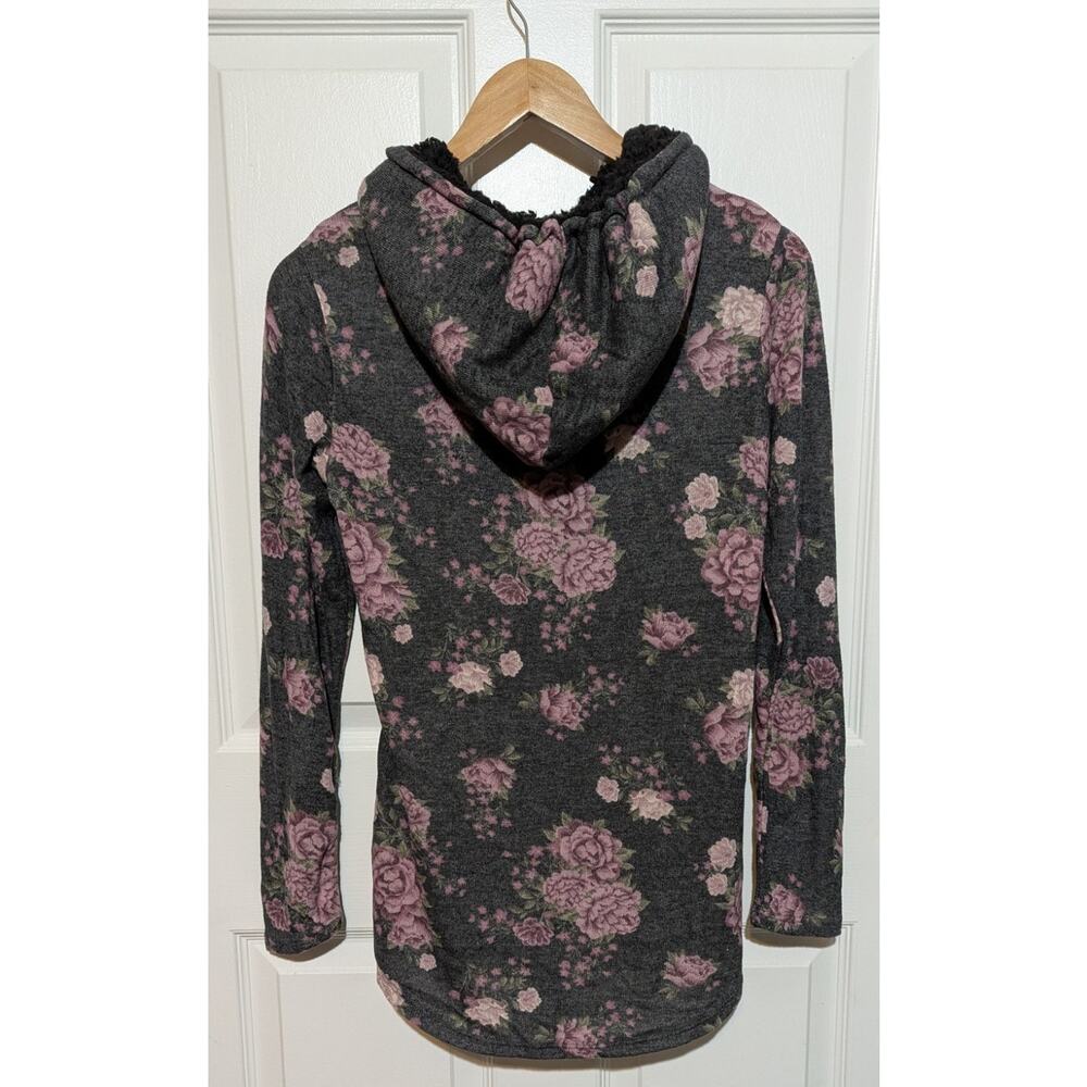 Ultra Flirt Large Gray Lightweight Sherpa Lined Hoodie Pink Floral Tunic To, L - Picture 5 of 9